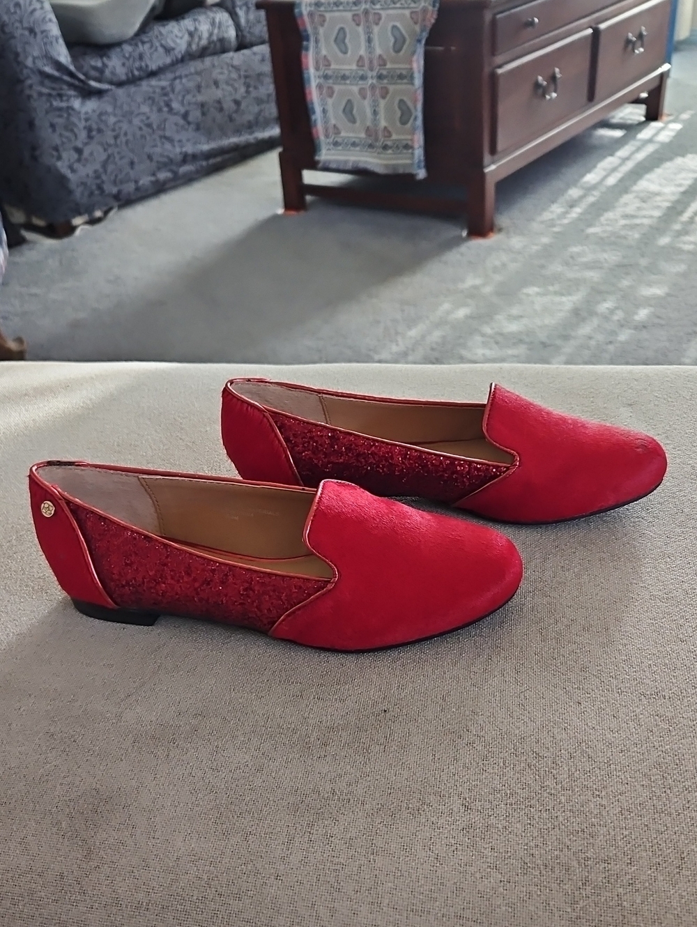IMAN Red Glitter & Suede Slip-On Loafers